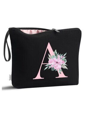 Personalized A-Z Initial Makeup Bag Cotton Canvas Silk Lined Cosmetic Pouch